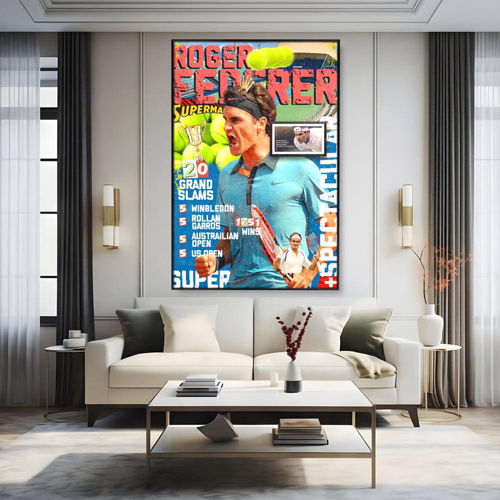 Tablou canvas cu tablou canvas cu roger federer si racheta de tenis, in rama de aluminiu negru, pe perete intr-un living